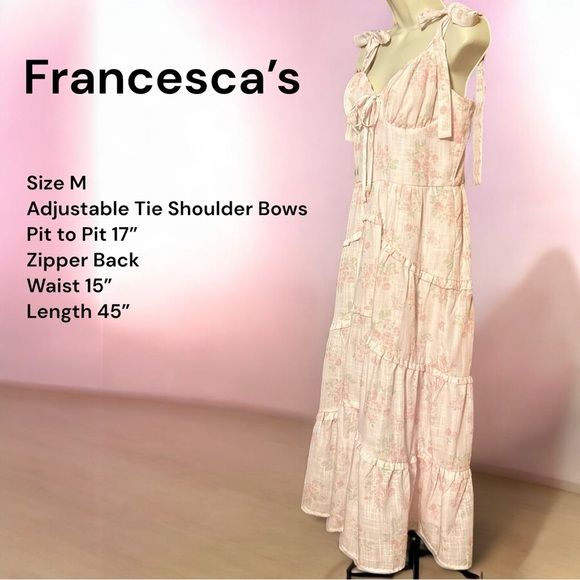 Francesca’s Romantic Pink Floral Tiered Midi Dress Tie Shoulder Bows Size M - Picture 5 of 13
